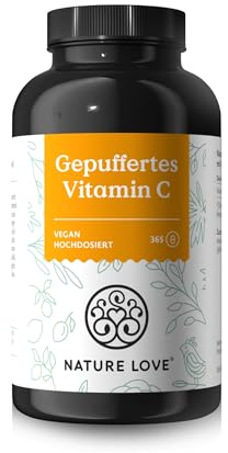 NATURE LOVE® Vitamina C Tamponada - Alta dosis de 1.000 mg de vitamina C por dosis diaria - 365 cápsulas - pH-neutro e inocuo para el estómago - vegano