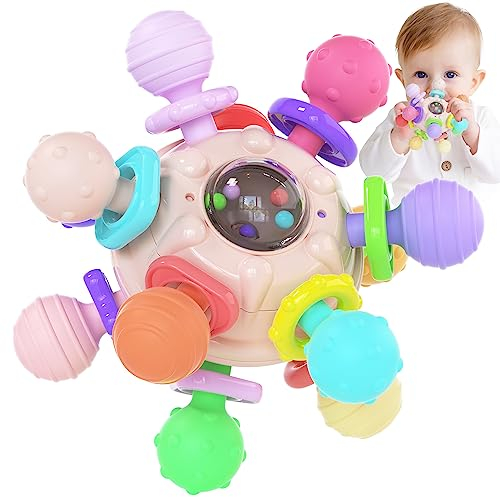 Beißring Baby Spielzeug ab 3 Monate, Greifball Babyspielzeug ab 0-6 Monate, Montessori Sensorik Motorikspielzeug Baby Rassel, Baby Geschenk für Babys 0-12 Monate