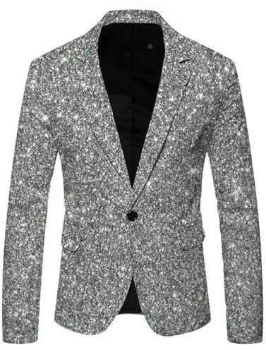 shownicer Blazer Veste à Paillettes Imprimé Sequin Homme Manches Longues Blazer Manteau Un Bouton Slim Fit Veste de Costume pour Smoking Soirée Fête Disco Party