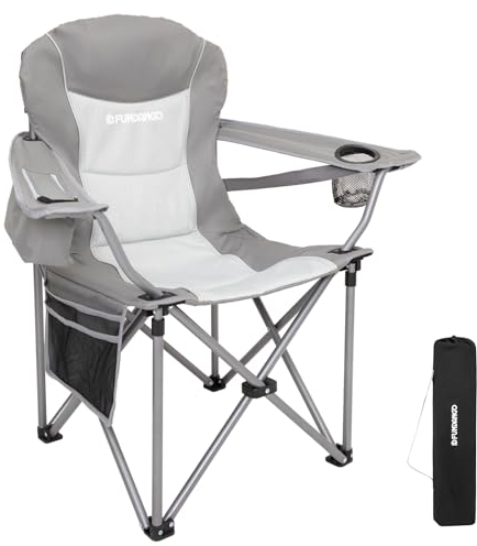 FUNDANGO Campingstuhl Faltbar Klappstuhl Camping Gepolstert mit Getränkehalter Kühltasche Camping Stuhl Sessel Hochlehner Verstellbarer Rückenlehne Gartenstuhl Anglerstuhl (Grau)