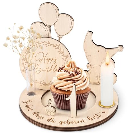 HOUISM Geburtstagsteller Holz Geburtstagskranz Geburtstagsdeko mit Gravur,Kerzenhalter, Vase & Zahlen, Jahreszahlen 0-9, Kinder personalisierter Geburtstagsteller als Geburtstagsgeschenk