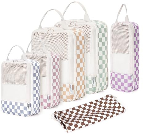 Narwey 6 Teilige Koffer Organizer Set, Compression Packing Cubes Backpack Packwürfel Rucksack Kofferorganizer Packtaschen Set Kompression für Koffer, Travel Essentials Organizer (Kombiniert Kariert)