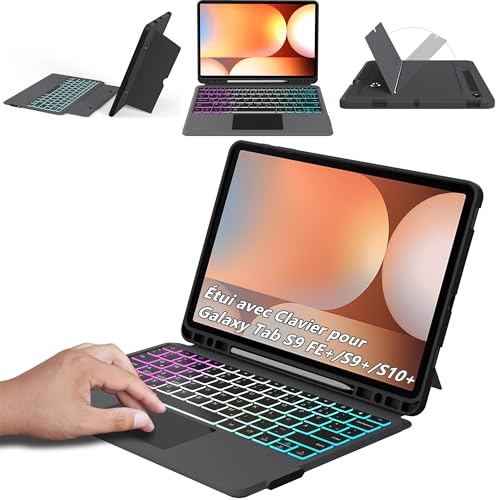 VANKEYPAD Étui avec Clavier détachable pour Samsung Galaxy Tab S9 FE+/S9+/S10+ 12,4 Pouces : Français AZERTY, Clavier rétroéclairé 3 Zones 7 Couleurs DIY avec pavé Tactile & Support De Stylet