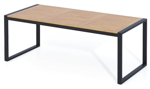 GIANTEX Gartentisch mit Schirmloch, 200 x 90 x 75 cm Esstisch aus Akazienholz, Rechteckiger Küchentisch für 8 Personen, Terrassentisch mit Metallgestell (Modell 3)