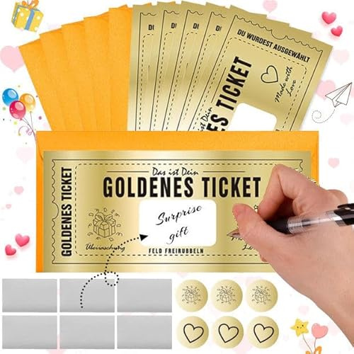 SUpoetry 6 sets Golden Ticket Tarjeta Regalo Con Sobres, Tarjeta Regalo Rasca y Gana Golden Ticket con Espacio Para Escribir Propios Mensajes, Tarjeta Regalo Dorada Personalizable