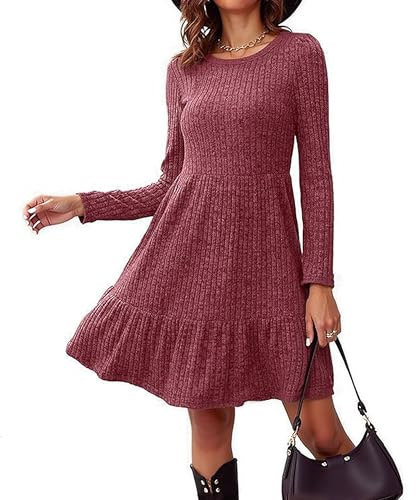 Neteson Vestito Casual Donna Abito in Maglia a Maniche Lunghe Elegante con Scollo Rotondo Pullover Tinta Unita Autunno e Inverno Vestito Maglione Abito