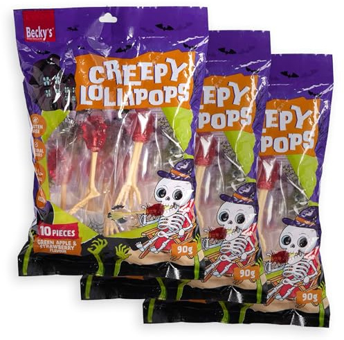 Becky’s Creepy Lollipops 3x90g – 30 sucettes effrayantes avec bâton en forme d’os – Bonbons sucrés pour fêtes d’enfants – Sucettes originales, emballées individuellement, à partager, offrir et décorer