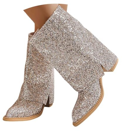 Generisch Pailletten Stiefel Damen Halbstiefel Elegant Kurzstiefelette Bequem Stiefeletten Retro Schlupfstiefeletten Kurzschaft Winterstiefel Chunky Heels Übergangsstiefel Lässig Ankle Boots