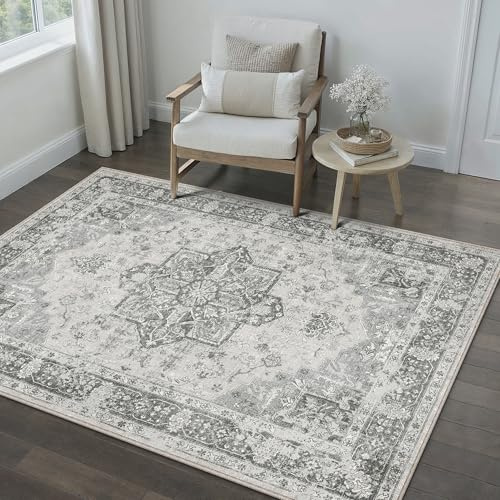 PureCozy Vintage Alfombra Salon 120x170cm Alfombras de Habitacion Gris Carpet Lavable Lavadora Pelo Corto Rug Antideslizante Tapetes para Sala Tapete Quarto Comedor Rugs