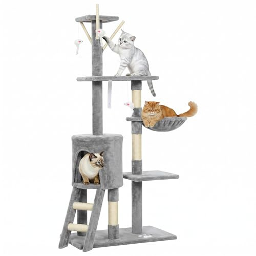 PawHut Árbol Rascador para Gatos Grande, Árbol para Gatos, Altura 134 cm, Torre de Escalada con 6 Postes de Sisal, 3 Plataformas, 1 Cueva, 1 Hamaca, 1 Escalera, 4 Juguetes Colgantes, Gris