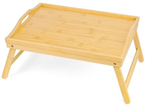 VASMIA Mesa de Cama con piernas Plegables, Bandeja de Desayuno de bambú para Comer, Servir o Usar como Bandeja, Escritorio portátil para Laptop, Bandeja de Snacks, Natural