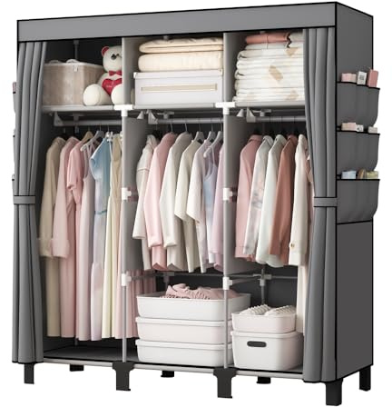 dongliangqinying Portable Fabric Wardrobe, 130x45x170cm Foldable Closet with 3 Hanging Areas and 18 Side Pockets, Non-Woven Clothes Storage Cupboard for Bedroom, Dorm & Living Room (Grey)