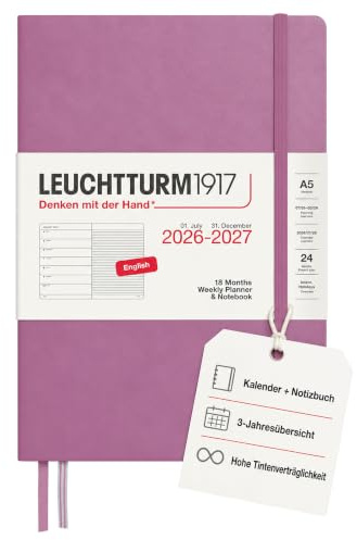 LEUCHTTURM1917 Veckokalender 2027 A5 med anteckningsbok, linjerad – möteskalender engelska, 18 månader juli 2026 – december 2027, Dusty Rose, inbunden 210 x 145 mm, veckoöversikt vänster +