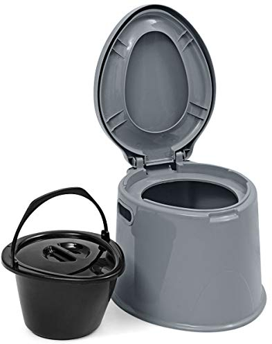 GYMAX Tragbare Reisetoilette, Campingtoilette mit abnehmbarem Eimereinsatz, Mobile Toilette mit Deckel, mit Toilettenpapierhalter, leicht & belastbar, für Camping, Reisen, Wandern & Wohnmobil (Grau)
