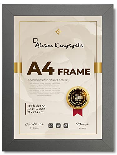 Alison Kingsgate Cadre photo A4 de 29,7 x 21 cm, pour certificat, photos/affiches, cadre A4 avec feuille en plexiglas transparent et crochet de fixation murale (gris foncé)