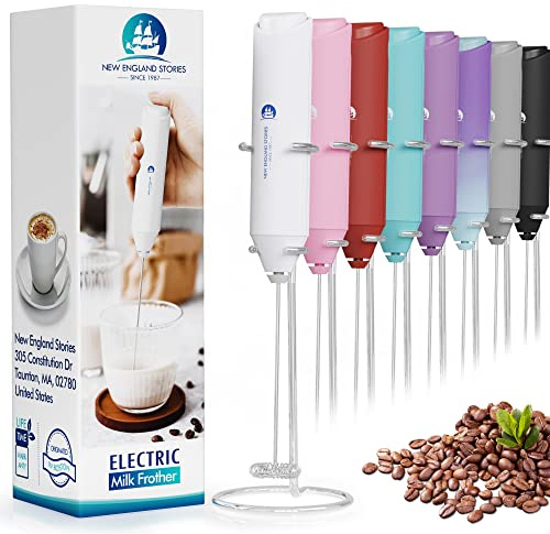 Electric White Handheld Milk Frother, Battery Operated Whisk Beater for Coffee, Cappuccino, Latte, Matcha, Hot Chocolate, Mini Drink Mixer with Stainless Steel Stand