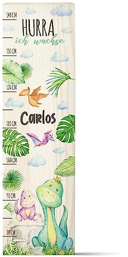 GRAVURZEILE Messlatte für Kinder aus Holz - Dinosaurier Design - mit Namen für Kinderzimmer - Skala misst 80-140 cm - Größe 20 x 70 x 2 cm - Geschenk zur Geburt für Mädchen & Jungen