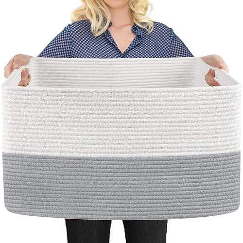 MEGASKET Cesto portabiancheria extra large, rettangolare, in corda di cotone intrecciata, con manici, cesto portabiancheria in vimini, per coperte, vestiti, giocattoli, grigio, 60 x 40 x 35,8 cm
