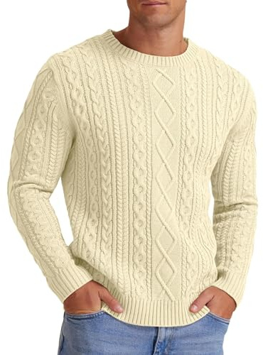Hisir Men's Winter Cable Knit Jumpers Casual Crew Neck Thick Warm Long Sleeve Sweater Pullover Tops for Men UK (Beige, XL)