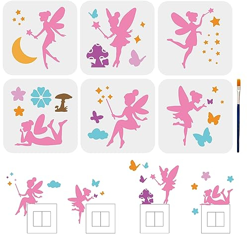 MAYJOYDIY 6pcs Fairy Craft Stencils 15×15cm Little Fairy Drawing Stencils Dreamy Mushroom Butterfly Moon Star Flower Fairy with Wings Template with Paint Brush Wall Art DIY Home Decor