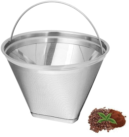 Filtro de café tamaño 4, Filtro Cafe Permanente de acero inoxidable, Reutilizable Filtros Cafe Dorado con Mango 8-12 Tazas, Filtro de café lavable para hacer café manual para Mayoría Cafeteras