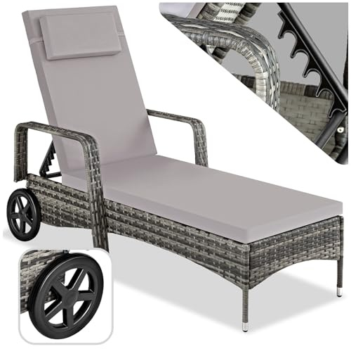 tectake® Rattan Sun Lounger with Aluminium Frame, 6 Adjustable Backrest Positions, with Comfortable Padding and Wheels for Easy Transport, Easy-Care for Garden, Pool, Patio - grey