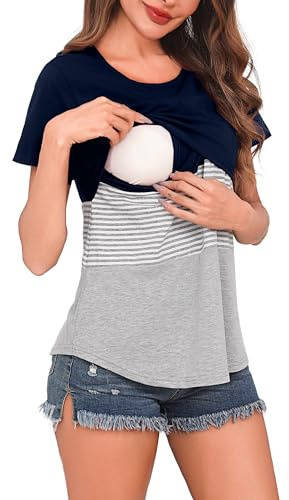 Bresdk amningströja kortärmad mammastopp gravid tunika för amning amning amning t-shirt amning, blå, L