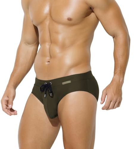 Arjen Kroos Men's Swim Briefs Sexy Bikini Solid Swimwear Swimsuit with Drawstring,Army Green,Large