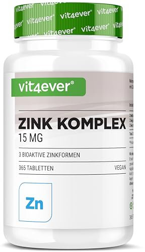vit4ever Zink Komplex 15mg - 365 Tabletten - Mit 3 Zink-Formen (Zinkbisglycinat, Zinkgluconat, Zinkcitrat) - 1 Jahresvorrat - Vegan
