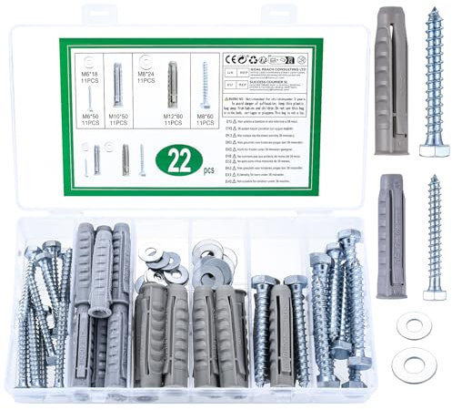 22 Sets Universaldübel Set mit Schrauben, Betonschrauben Dübel Set, M10/M12 Betondübel für Rigipswände & M6/M8 Gipskarton Schrauben, Schlagdübel Betonanker Dübelset, Schwerlast Befestigungsset