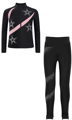 Fldy Mädchen Eiskunstlauf Anzug Glitzer Strass Jacke Und Leggings Mit Colorblock Kinder Eislaufen Tanzanzug Sport Kleidung Set Sweatsuit Rosa 134-140