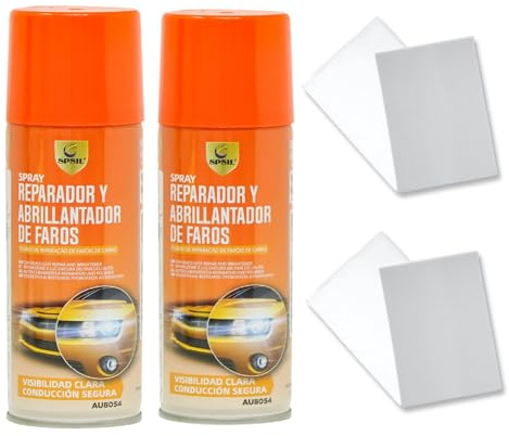 SPSIL Kit De Restauración De Faros Spray Reparador y Abrillantador 2pcs,Elimina Amarillento Rasguños,Oxidación,Fácil Aplicación,Mejora Visibilidad 400ml