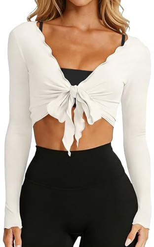 ADUDVLO Pilates Wrap Tops for Women Long Sleeve V Neck Tie Front Yoga Ballet Workout Shirt Y2K Slim Fit Cute Going Out Top