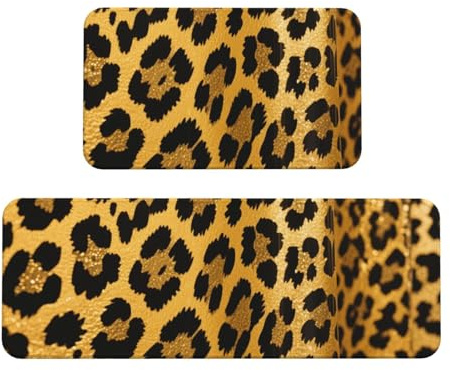 Leopard Print Kitchen Rugs Set of 2, Cushioned Anti-Fatigue Kitchen Mats for Floor, Waterproof Comfort Standing Mat Absorbent Velvet Kitchen Runner Rugs 17x30+17x47