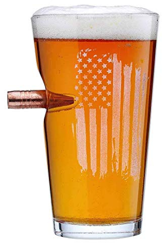 BenShot US Flag Pint Glass with Real 0.50BMG Bullet - 16oz | Made in the USA
