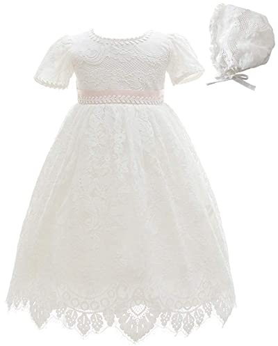 Meiqiduo Baby Girls Lace Dress Christening Baptism Gowns Outfit with Bonnet Ivory
