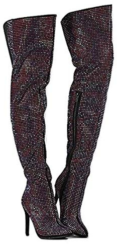Women's All Over Diamond Rhinestone Stripe Front Slouchy Thigh High Stiletto Boots (7, Black Red)