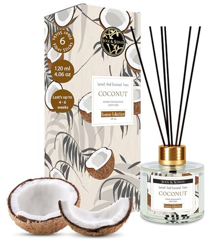 Soul & Scents 120Ml Coconut Reed Diffuser Set| Free 6 Fiber Reed Sticks | Stress Relief & Aromatherapy | Long-Lasting, Smoke-Free Air Freshener for Home, Bedroom & Office | Ideal for Gifting