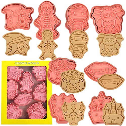 Halloween-Ausstechformen-Set, 8-teilig, 3D-Pressbare Halloween-Ausstechformen – Hexe, Spinne, Vampirzähne, Skelettmann, geprägte geprägte Gebäckausstecher, für Küche Backen