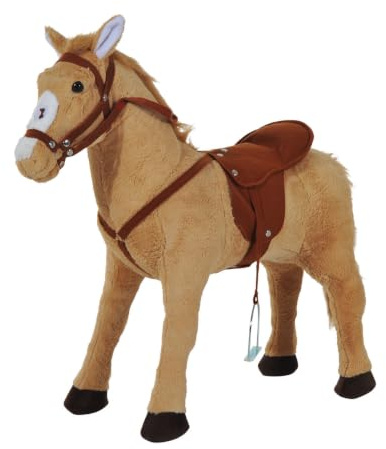 HOMCOM Cheval Debout en Peluche Effets Sonores 85L x 28l x 60H Marron Beige | Hennissement et Galop, Selle Étrier Rênes