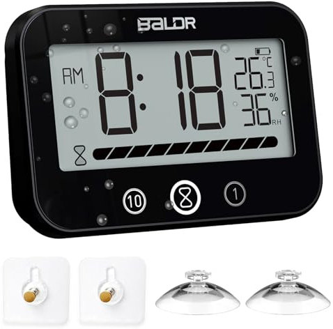 Horloge murale étanche pour salle de bain avec température et humidité, grand écran numérique, barre de progression visuelle, compte à rebours de cuisine, réveil à suspendre pour le bain des enfants