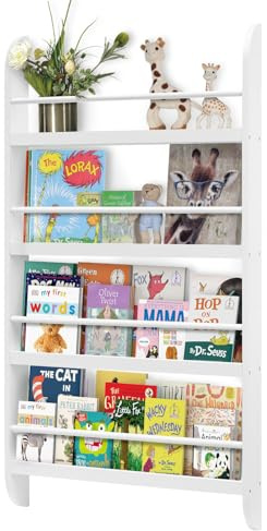 Holdfiturn Kids Bookshelf Kids Bookcase 4-Tier Book Shelf Display Rack 10 CM Depth Wooden Childrens Bookcase Suitable for Children's Bedroom Nursery Playroom White 116.5x60x 10CM
