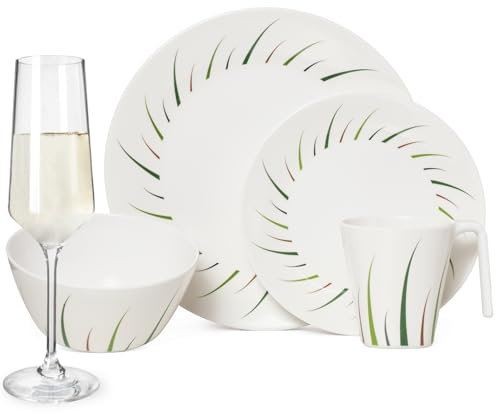 Vaisselle de camping en mélamine - Pour 4 personnes - Design Limon + 4 verres à champagne Milano - Vaisselle de table - Pour pique-nique et barbecue