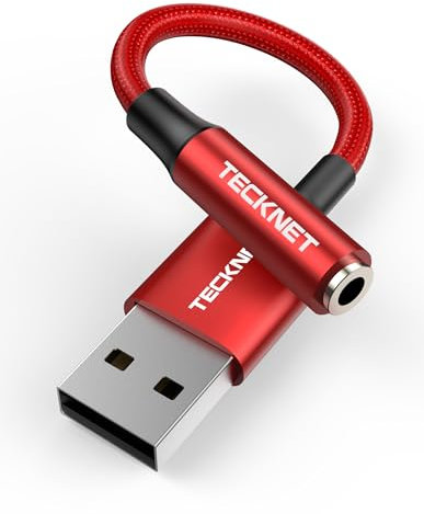 TECKNET External USB Sound Card - 3.5mm Jack Audio Adapter Aux TRRS Headphone Microphone Compatible with PC Laptop PS5 PS4 Switch Mac Windows Linux and More (Red)