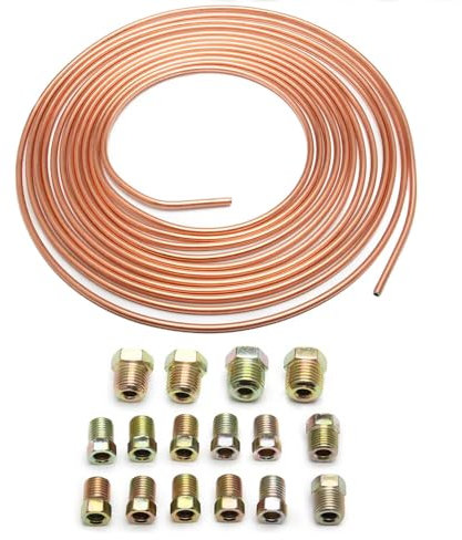 Crozgan Brake Pipe Copper Coated Steel Tubing with 16 Nuts 3/16 x 25ft/7.62m Copper Plated Brake Pipe for Connecting Brake Lines