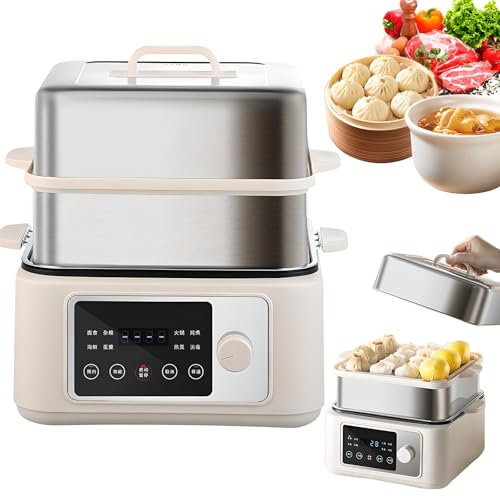 Vaporera eléctrica de 8/12/16 L, 1350 W, con Pantalla táctil, Temporizador de 24 h, 8 Funciones de menú y Aislamiento Dual. Vaporera Multifuncional Inteligente de Acero Inoxidable para el hogar 12L