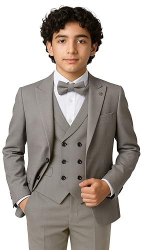 SIRRI Pojkar Slim Fit kostym 5-delat set för examensbollar och speciella tillfällen i åldern 1–16, GRÅ, 14 år