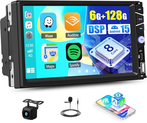 OiLiehu 6G+128G Android 15 Double Din Car Stereo with Wireless CarPlay Android Auto, 7'' Touchscreen Car Radio with WiFi, GPS, Mirror Link, Bluetooth, FM/AM/RDS, SWC, EQ, USB, Type-C, Backup Camera