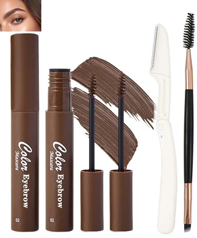 2Pcs Tinted Brow Cream Waterproof,Brown Longwearing Smudgeproof Liquid Eyebrow Tinting Gel Mascara,Volumizing Eye Brows Filler Women Natural Brow Makeup without Clumping with Brow Brush&Razor-02