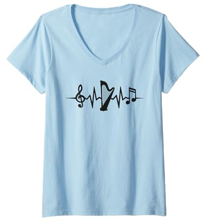 Femme Harpe Musicien Battement De Coeur Harpiste T-Shirt avec Col en V